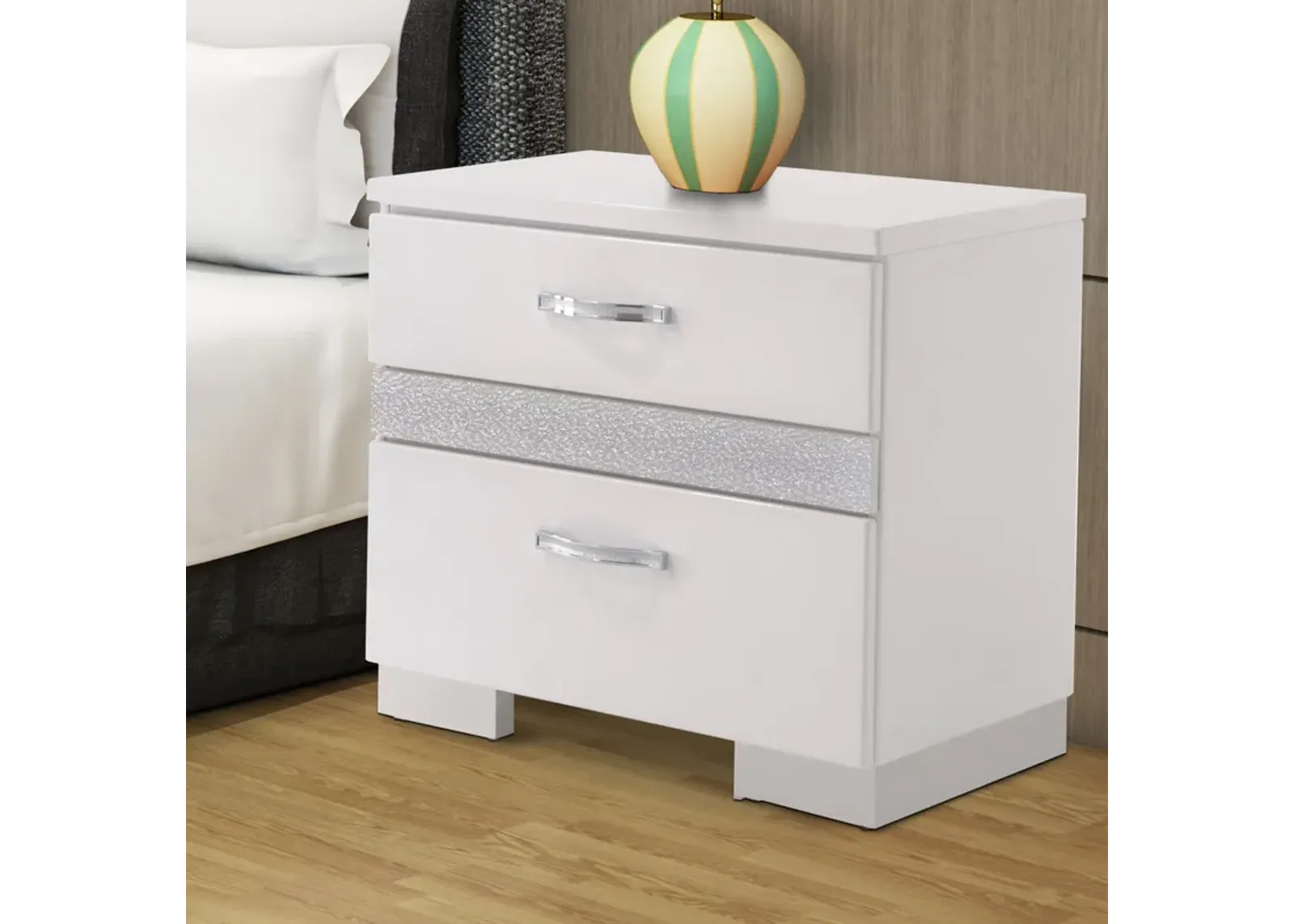 Nightstand With Three Center Metal Glide Drawers In White Gloss Finish-Benzara