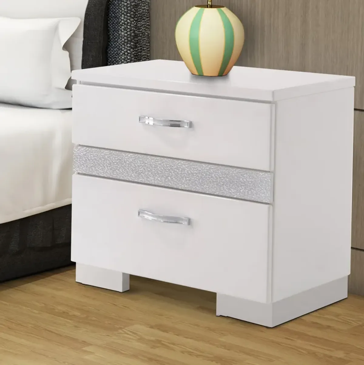 Nightstand With Three Center Metal Glide Drawers In White Gloss Finish-Benzara