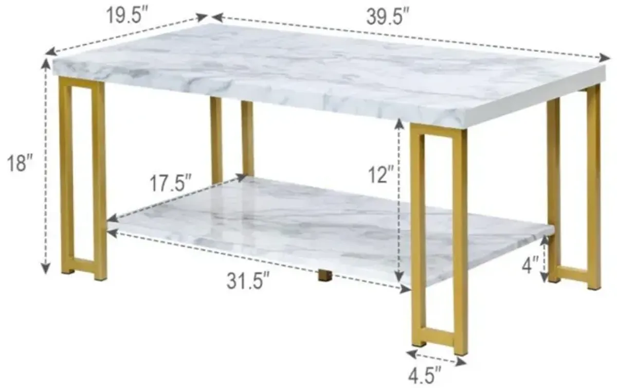 Hivvago 2-Tier Rectangular Modern Coffee Table with Gold Print Metal Frame