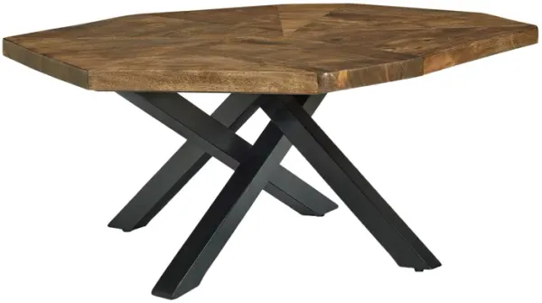 Modern 42 Inch Coffee Table, Acacia Wood Surface, Crossed Metal Base, Black-Benzara