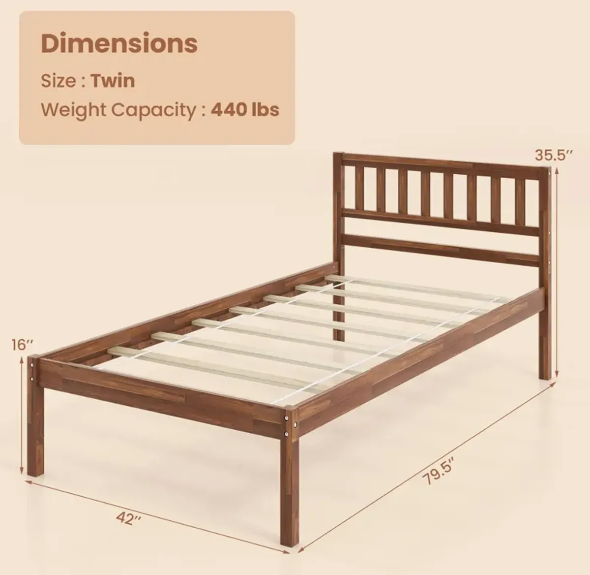 Wood Bed Frame with Headboard and Slat Support