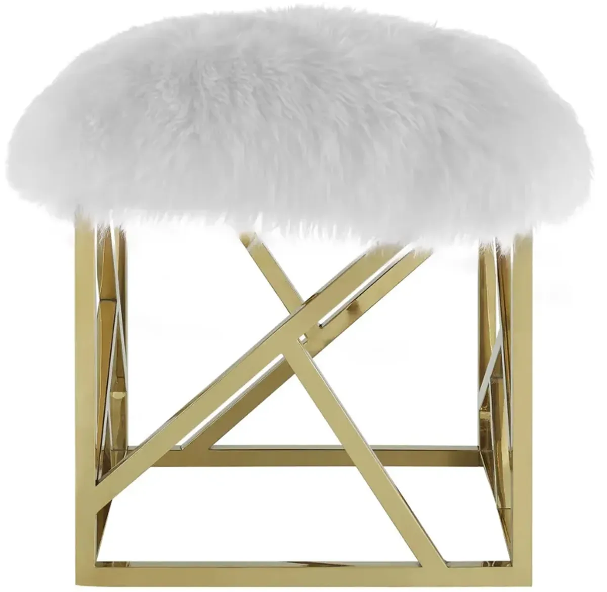 Modway Intersperse Sheepskin Ottoman With Geometric Frame in Gold White