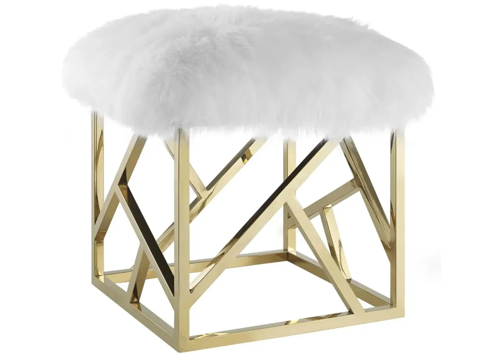 Modway Intersperse Sheepskin Ottoman With Geometric Frame in Gold White