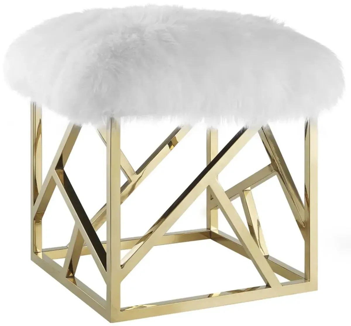 Modway Intersperse Sheepskin Ottoman With Geometric Frame in Gold White