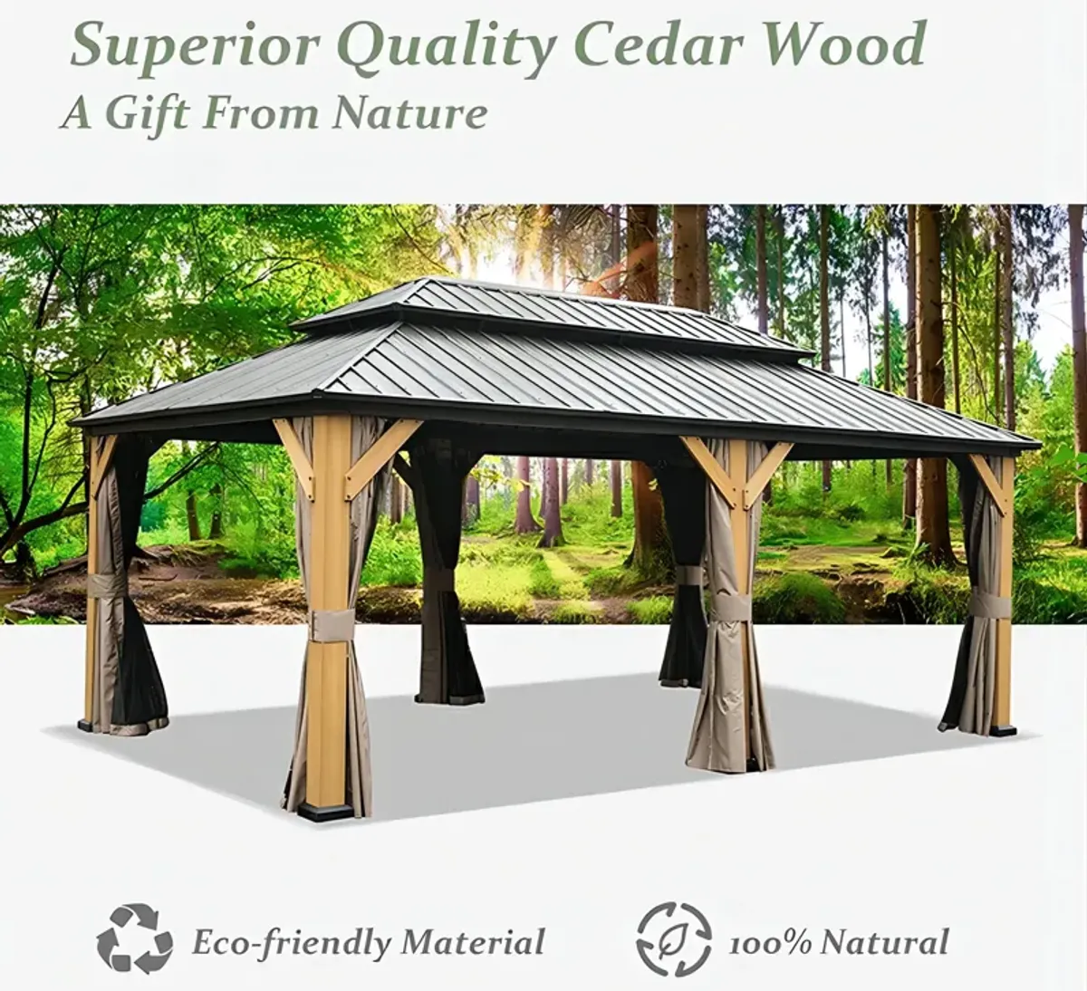 Mondawe 12 ft. x 20 ft. Outdoor Cedar Wood Frame Hardtop Gazebo Double Galvanized Steel Roof