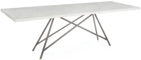 Levi 80 Inch Rectangular Carrara Marble Dining Table, Steel Legs, Chrome - Benzara
