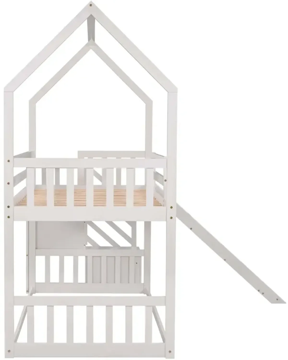 Twin Over Twin House Bunk Bed With Convertible Slide, Storage Staircase