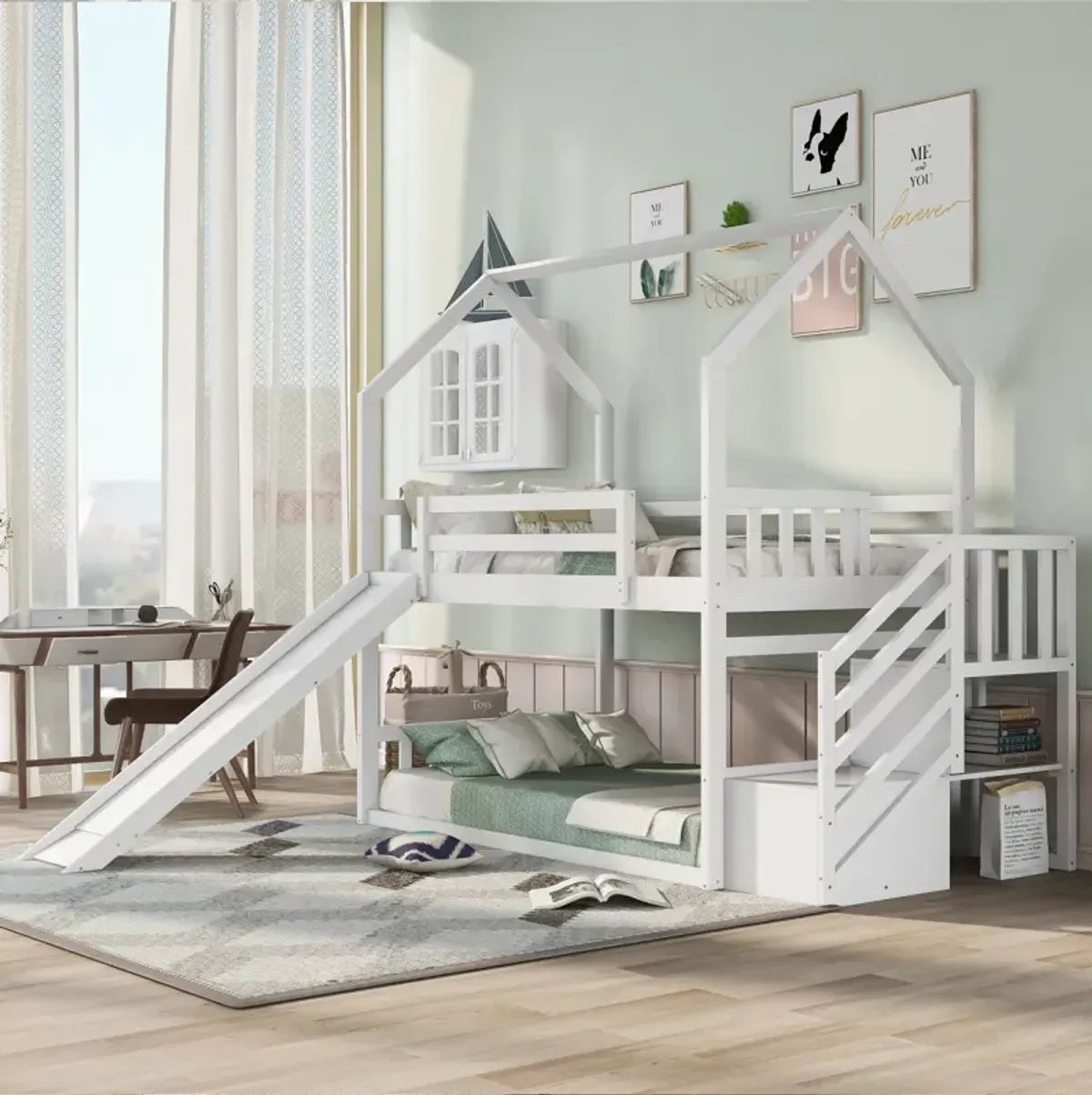 Twin Over Twin House Bunk Bed With Convertible Slide, Storage Staircase