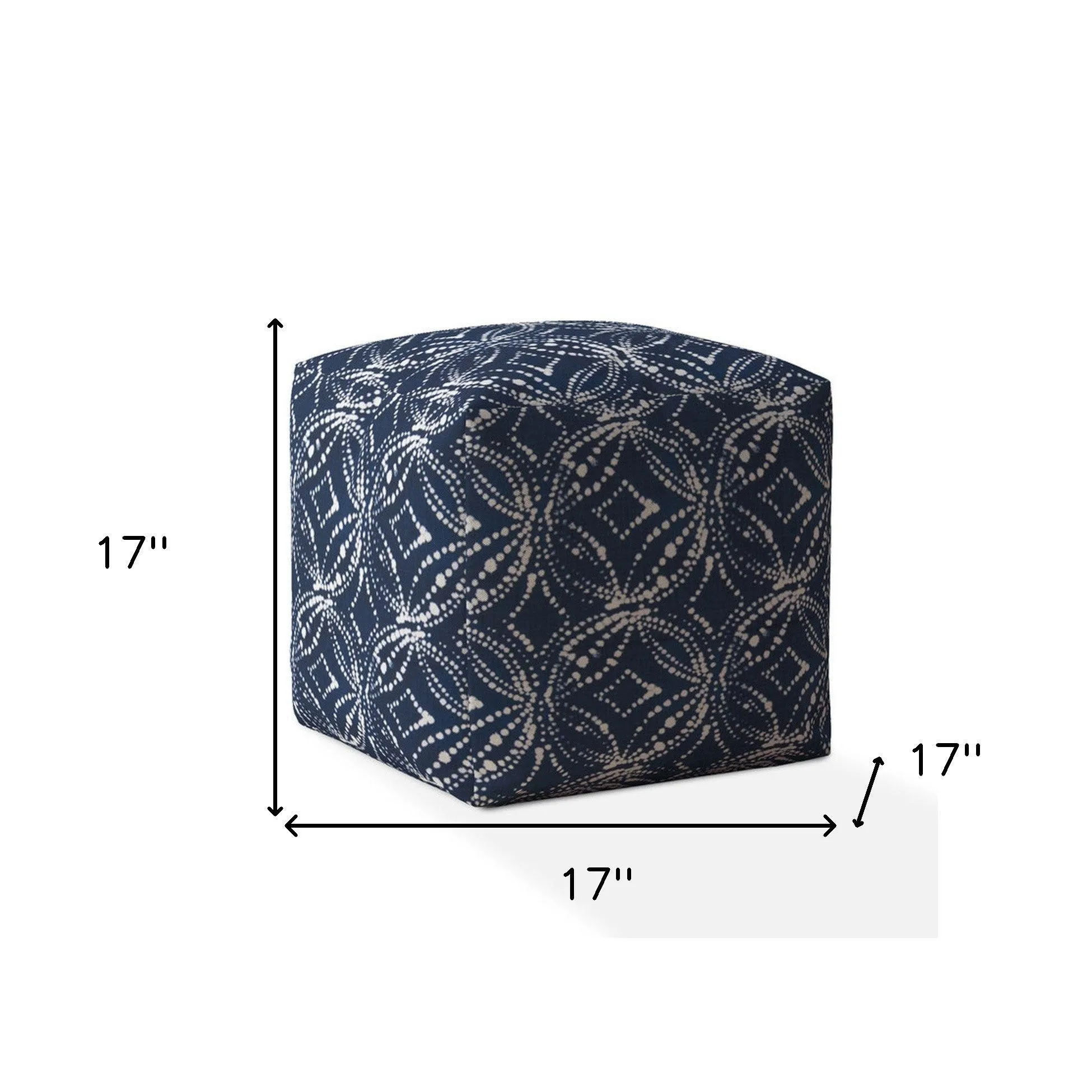 Homezia 17" Blue And White Canvas Damask Pouf Ottoman