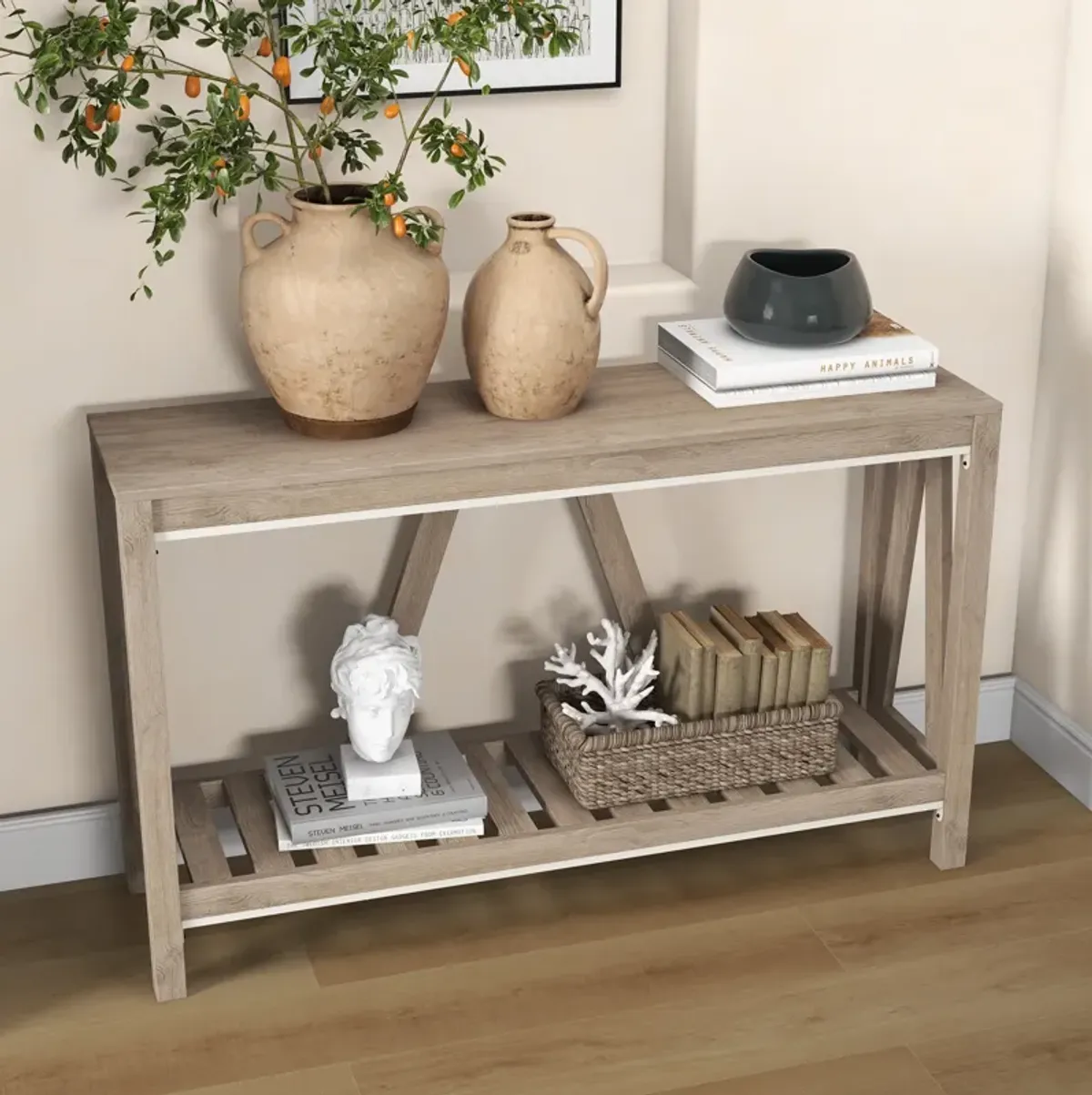 Gray Entryway Table: Farmhouse Console with Storage Shelf