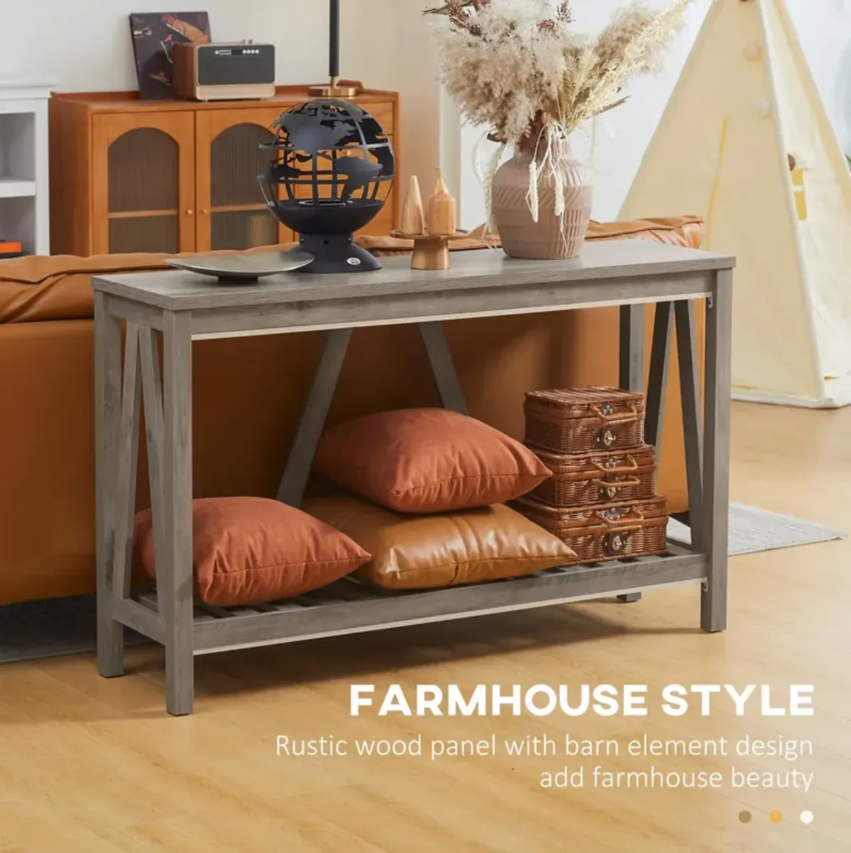 Gray Entryway Table: Farmhouse Console with Storage Shelf