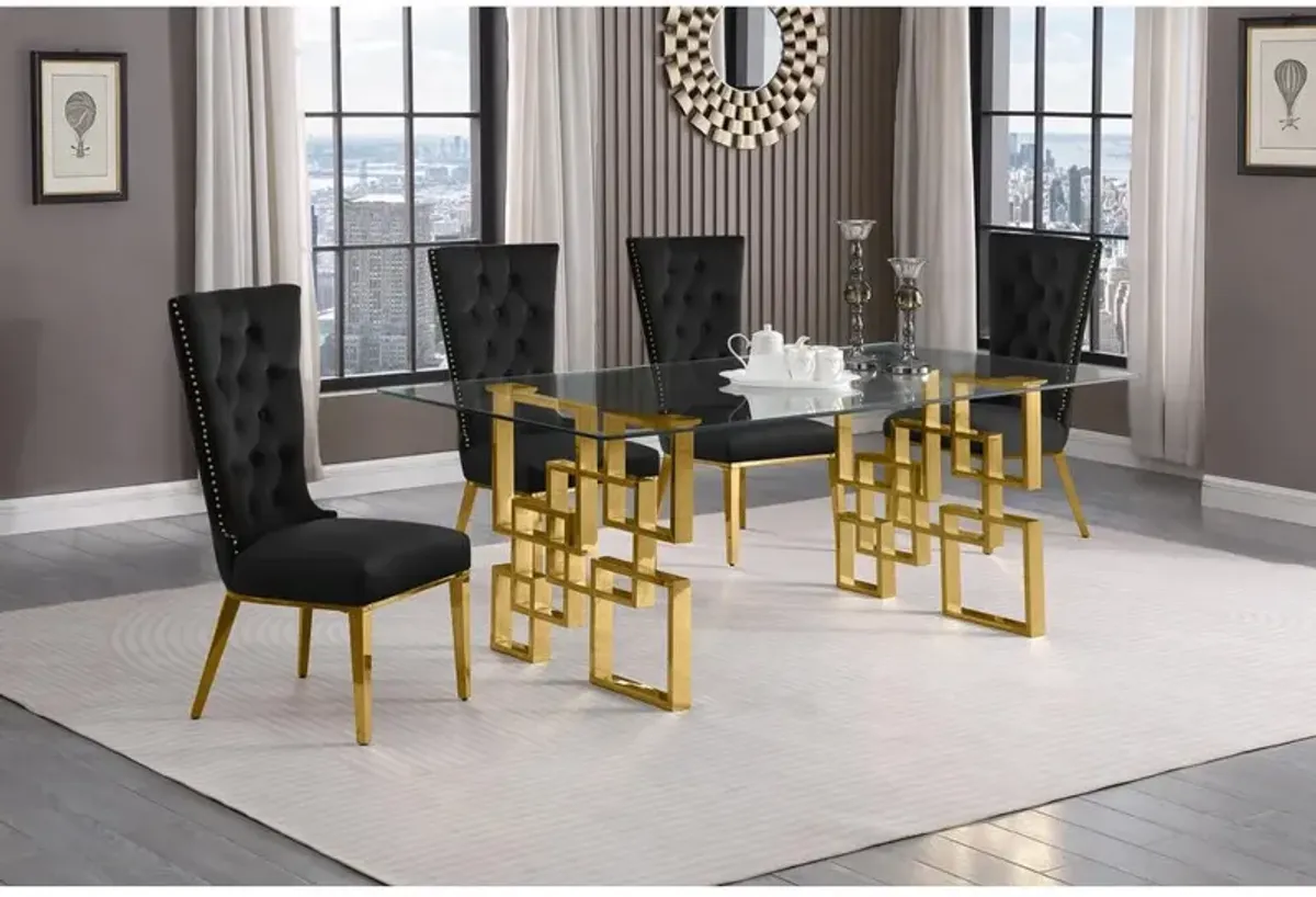 5-piece glam dining set with 4 black chairs and a 79" long glass  table