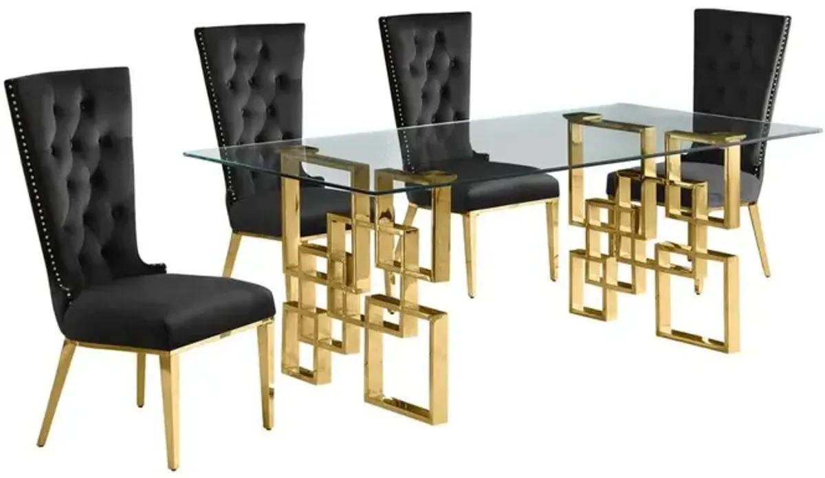 5-piece glam dining set with 4 black chairs and a 79" long glass  table