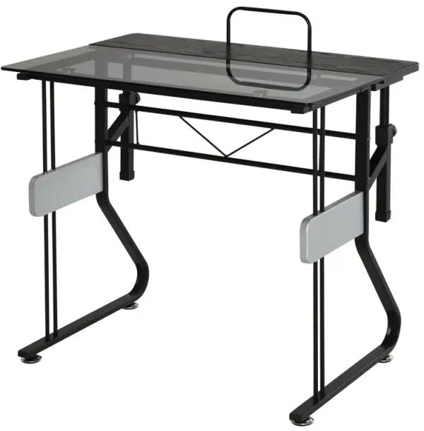 Black Compact Desk: Small Computer Workstation with Adjustable Monitor Stand