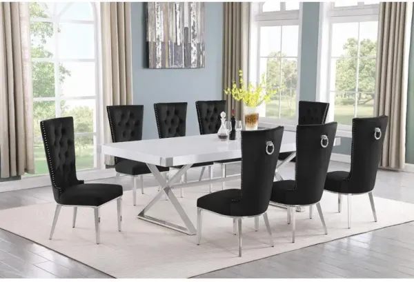 Best Quality Furniture 9pc Large(94) white wood top dining set with gold base and 8 Black side chairs