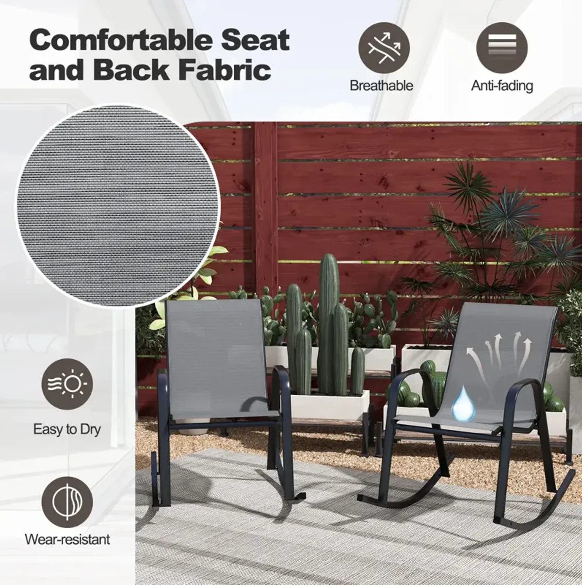 Set of 2 Metal Patio Rocking Chair with Breathable Seat Fabric