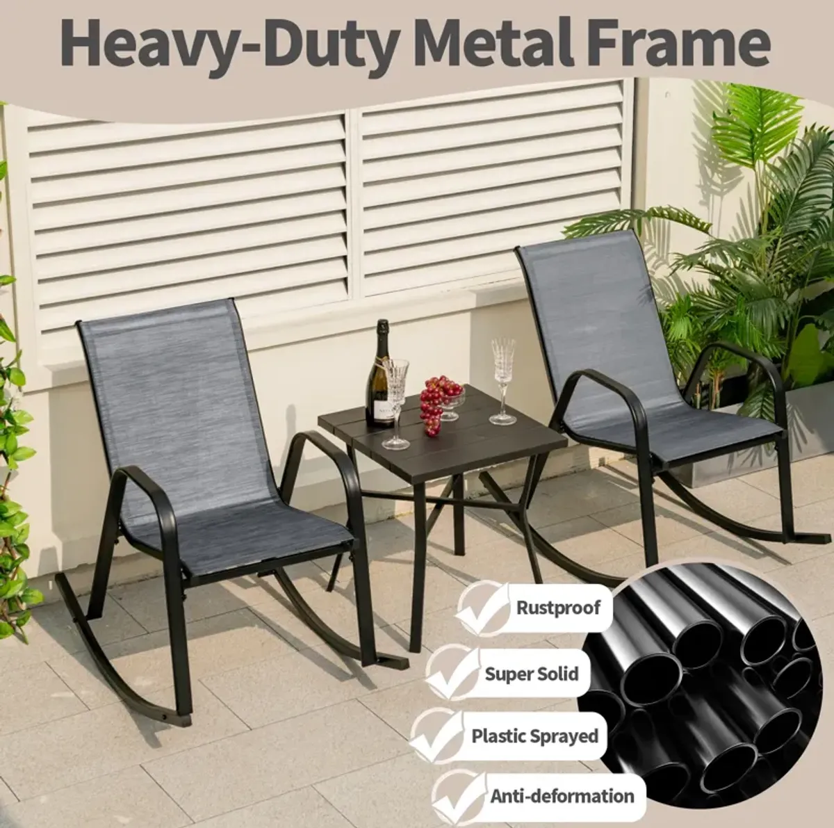 Set of 2 Metal Patio Rocking Chair with Breathable Seat Fabric