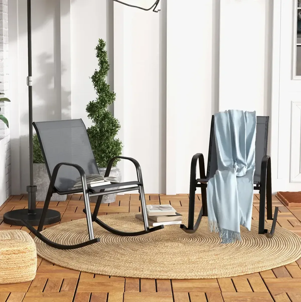 Set of 2 Metal Patio Rocking Chair with Breathable Seat Fabric