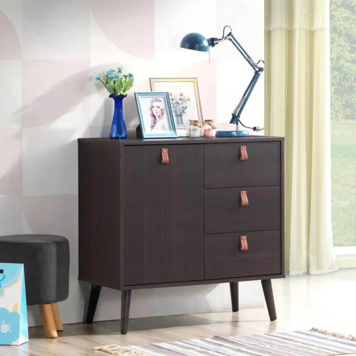 Hivvago 3-drawer Sideboard Storage Display Cabinet-Brown