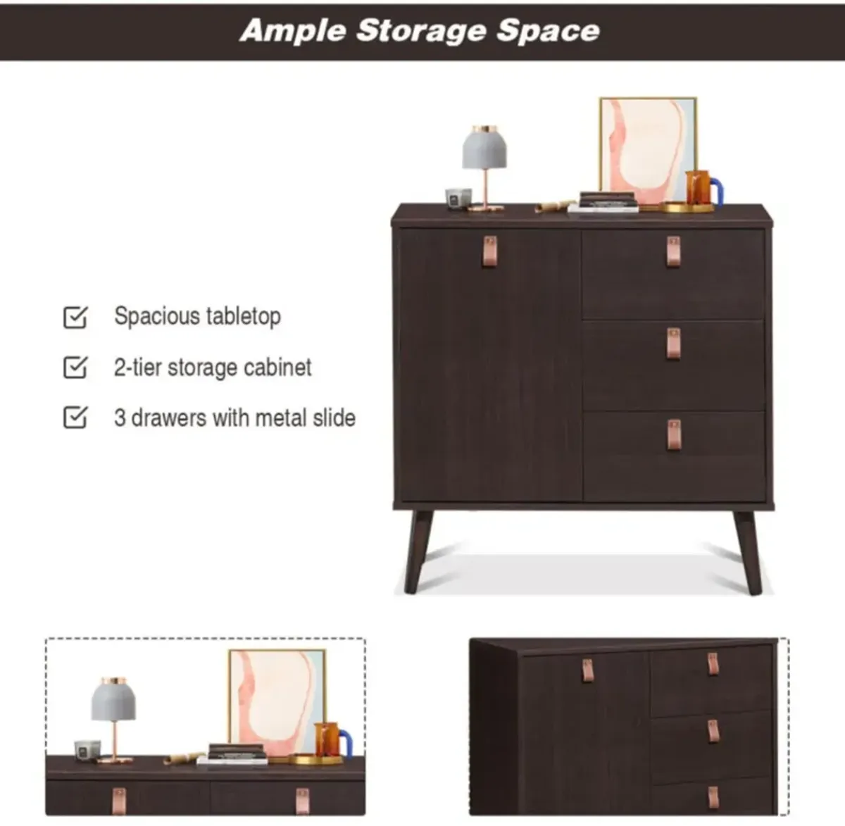 Hivvago 3-drawer Sideboard Storage Display Cabinet-Brown