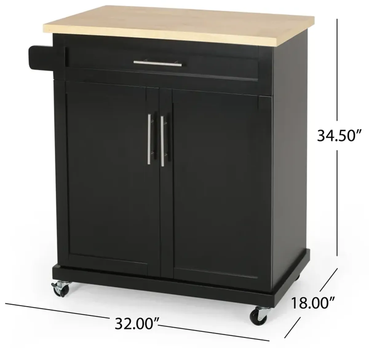 Shine Rolling Kitchen island Bar Cart w Cabinet, Black, Brown Wood - Benzara