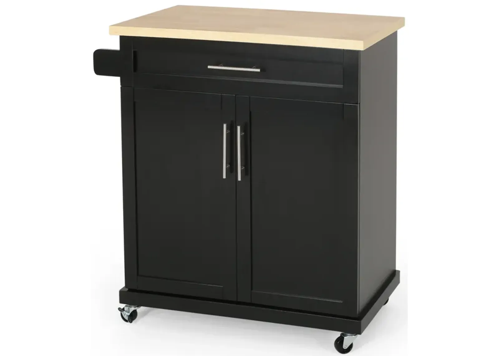 Shine Rolling Kitchen island Bar Cart w Cabinet, Black, Brown Wood - Benzara