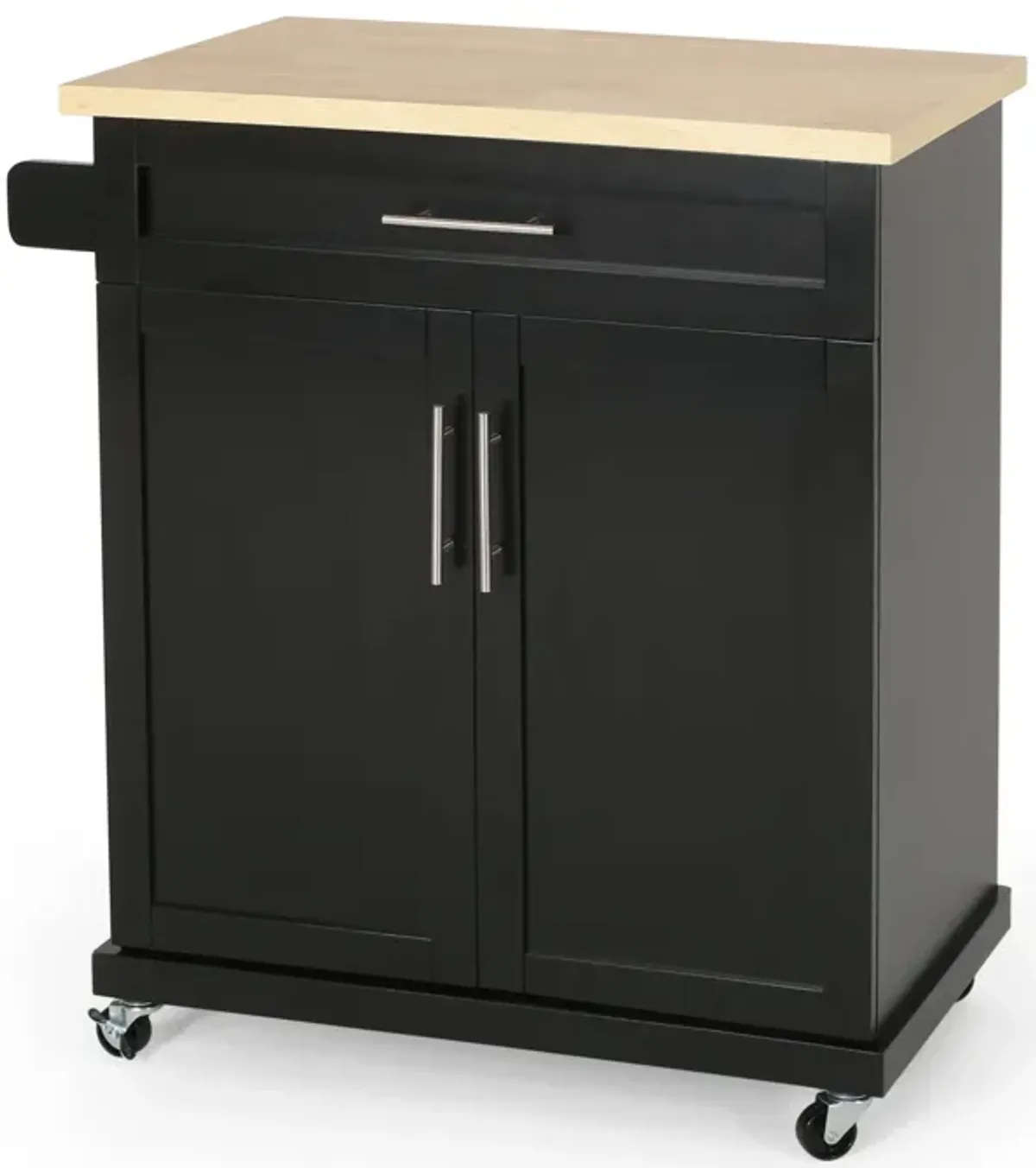 Shine Rolling Kitchen island Bar Cart w Cabinet, Black, Brown Wood - Benzara