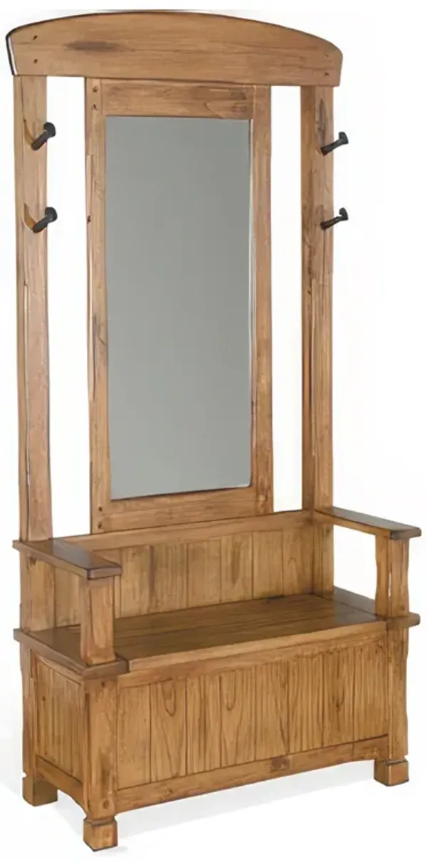 Marv Foyer Hall Tree Coat Hanger w Mirror, Storage Bench, Light Brown - Benzara