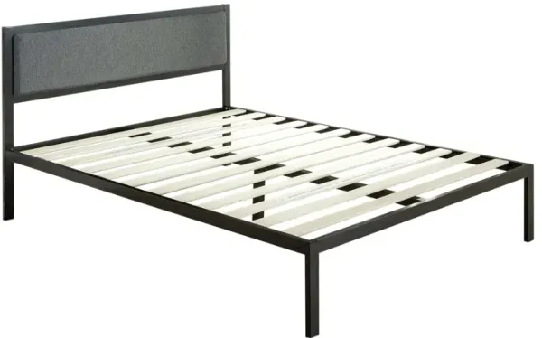 Metal Platform Bed Frame with Wood Slats and Upholstered Headboard