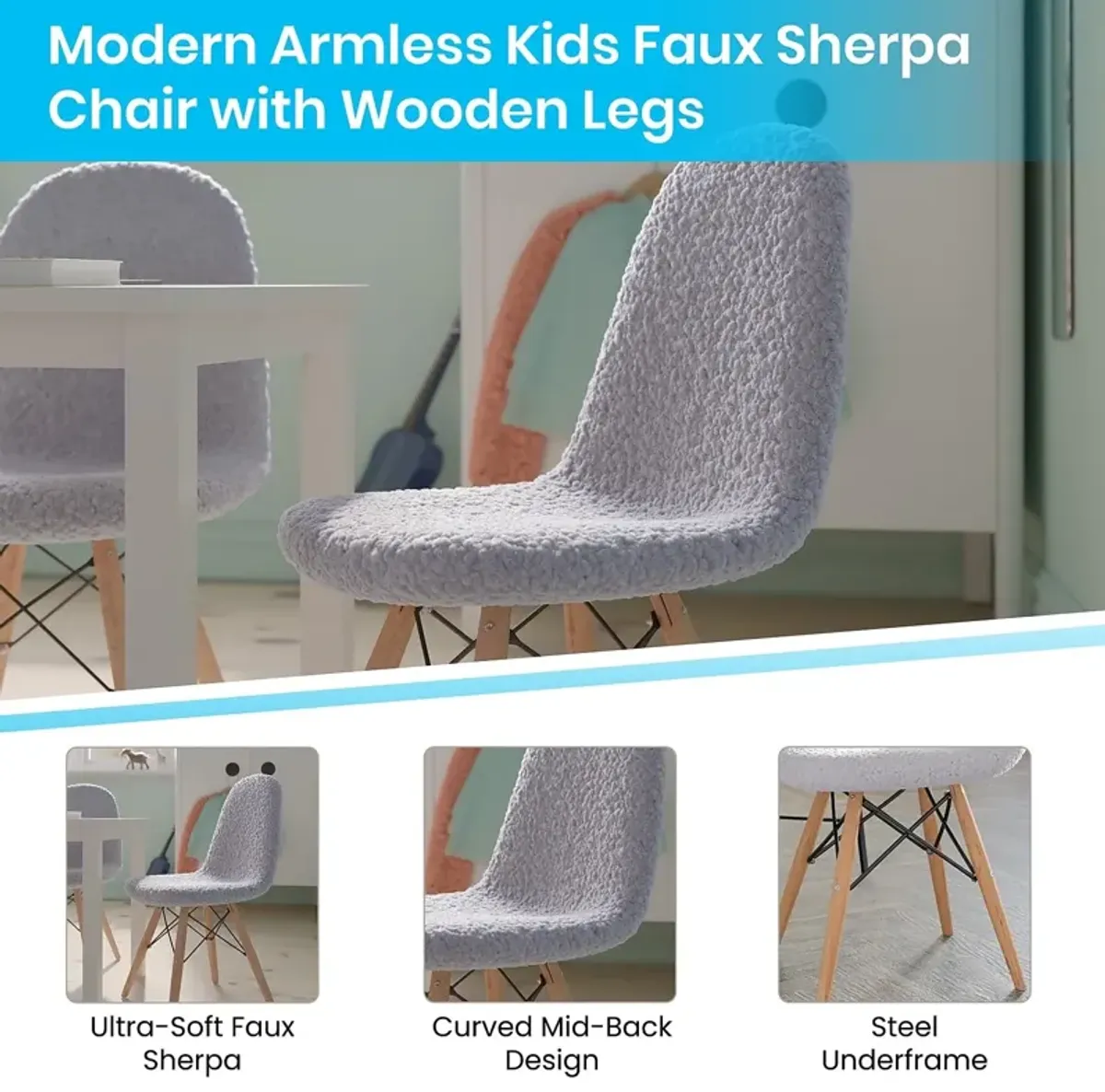 Flash Furniture Zula Kid's Modern Padded Faux Faux Shearling Accent Chair - Padded Gray Faux Shearling Upholstery - Beechwood Legs