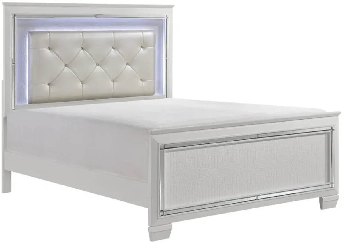 Noah California King Bed, LED Backlit Crystal Tufted Headboard, White - Benzara