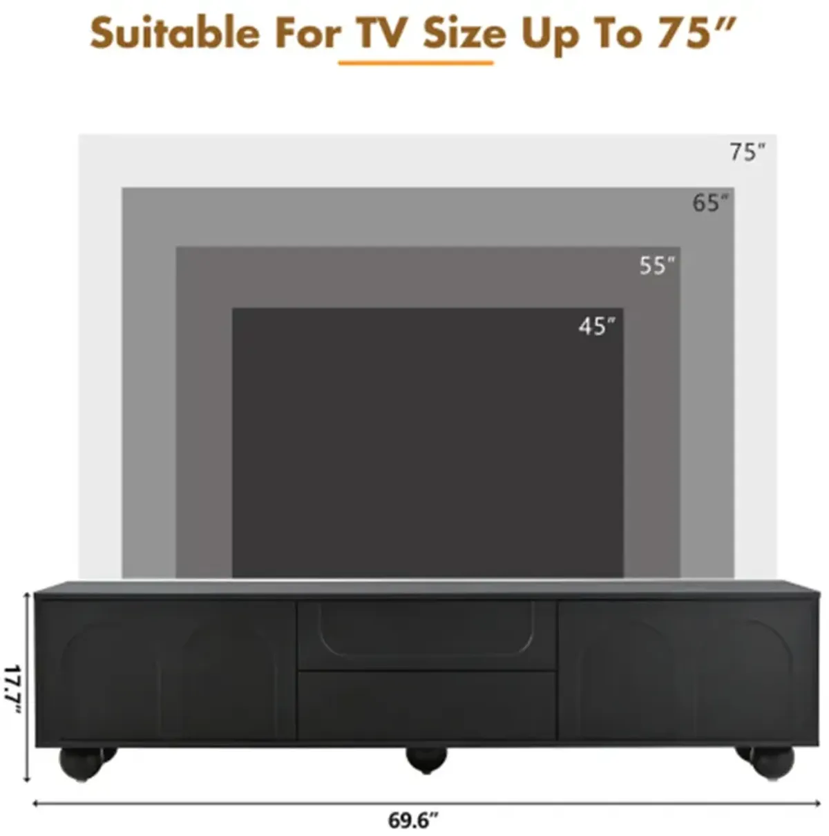 Black Style TV Stand with Arched Doors and 2 Drawers for TVs up to 75 inches, Minimalist Media Console with Pop-Up Fixtures, Entertainment Center with 5 Iron Round Legs for Living Room, Bedroom