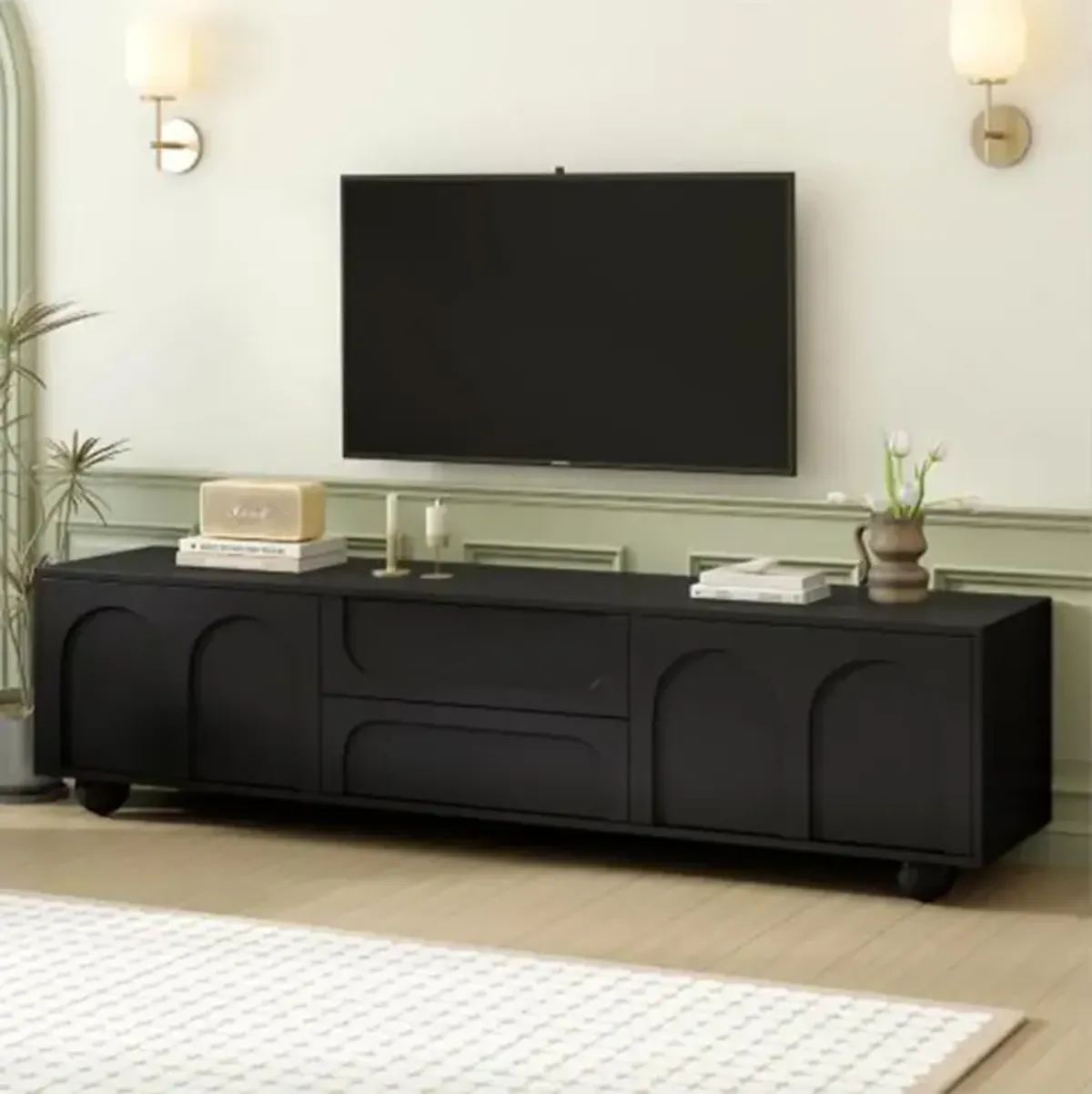 Black Style TV Stand with Arched Doors and 2 Drawers for TVs up to 75 inches, Minimalist Media Console with Pop-Up Fixtures, Entertainment Center with 5 Iron Round Legs for Living Room, Bedroom