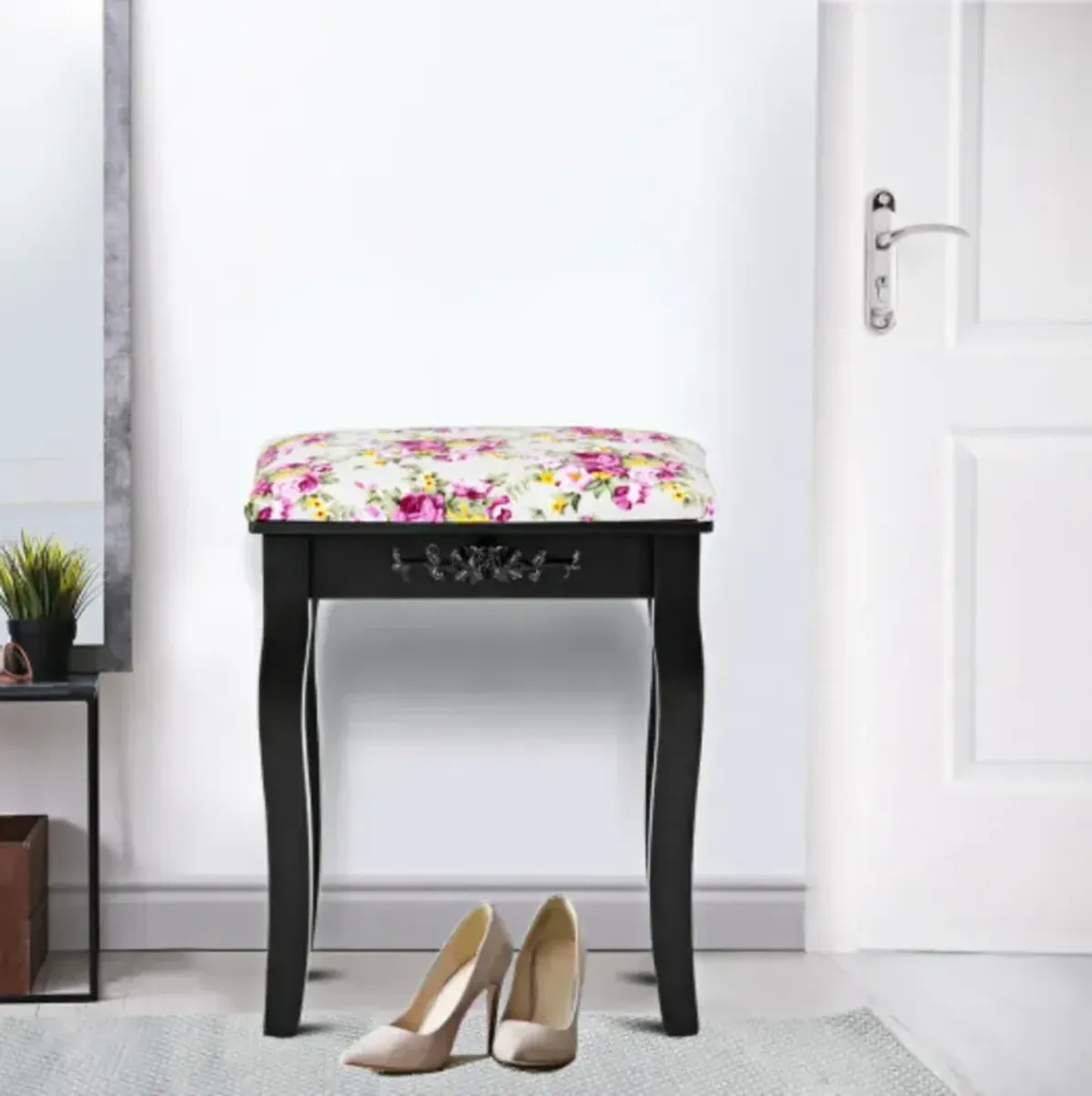 Vanity Wood Dressing Stool Padded Piano Seat with Rose Cushion