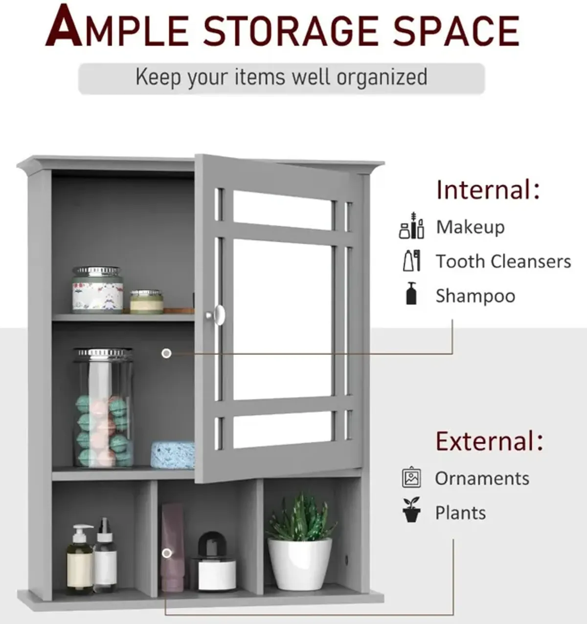 Gray Wall Organizer: Mounted Cabinet with Mirror Door and Shelves