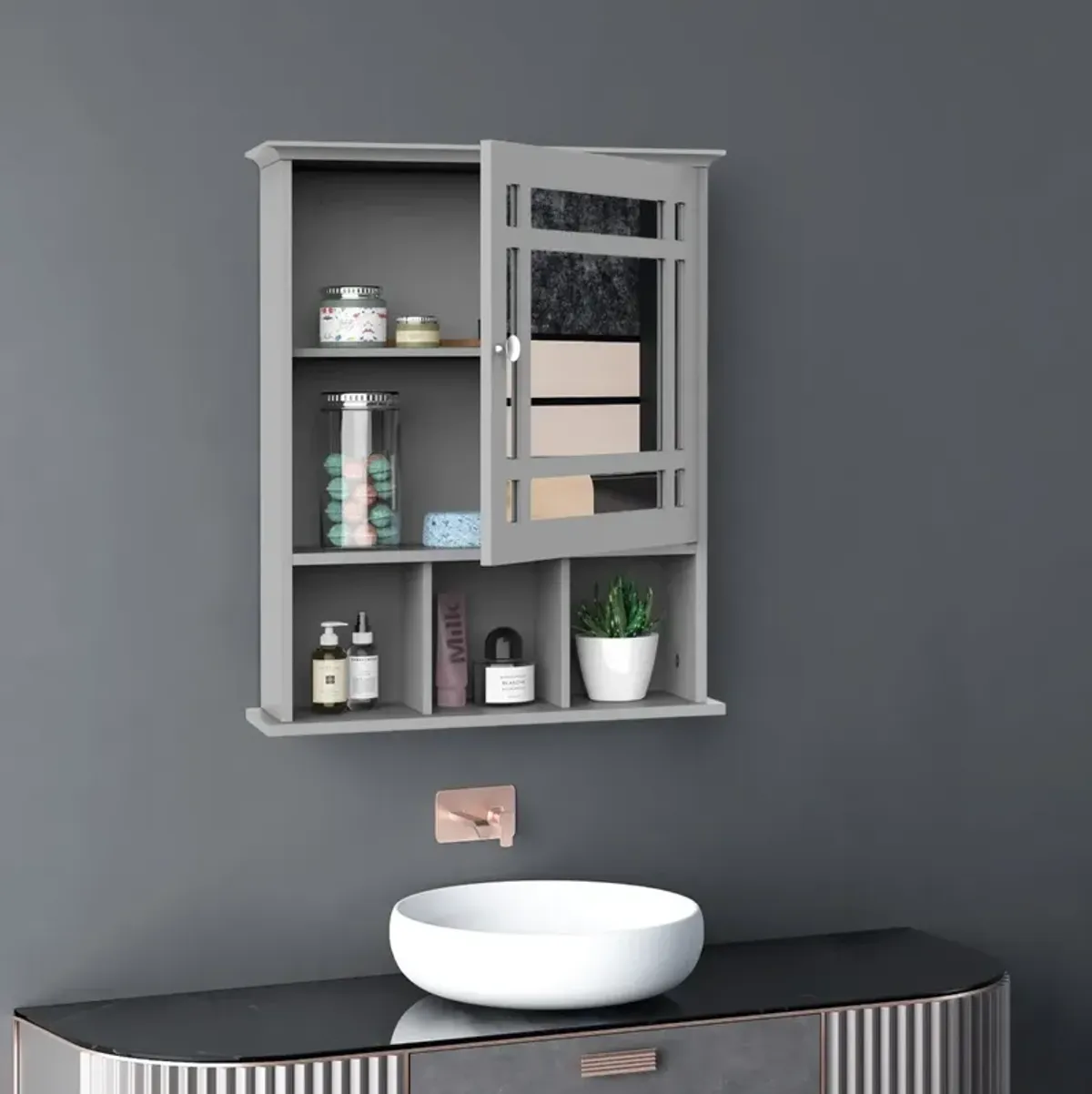 Gray Wall Organizer: Mounted Cabinet with Mirror Door and Shelves