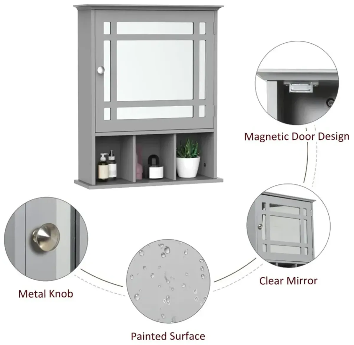 Gray Wall Organizer: Mounted Cabinet with Mirror Door and Shelves