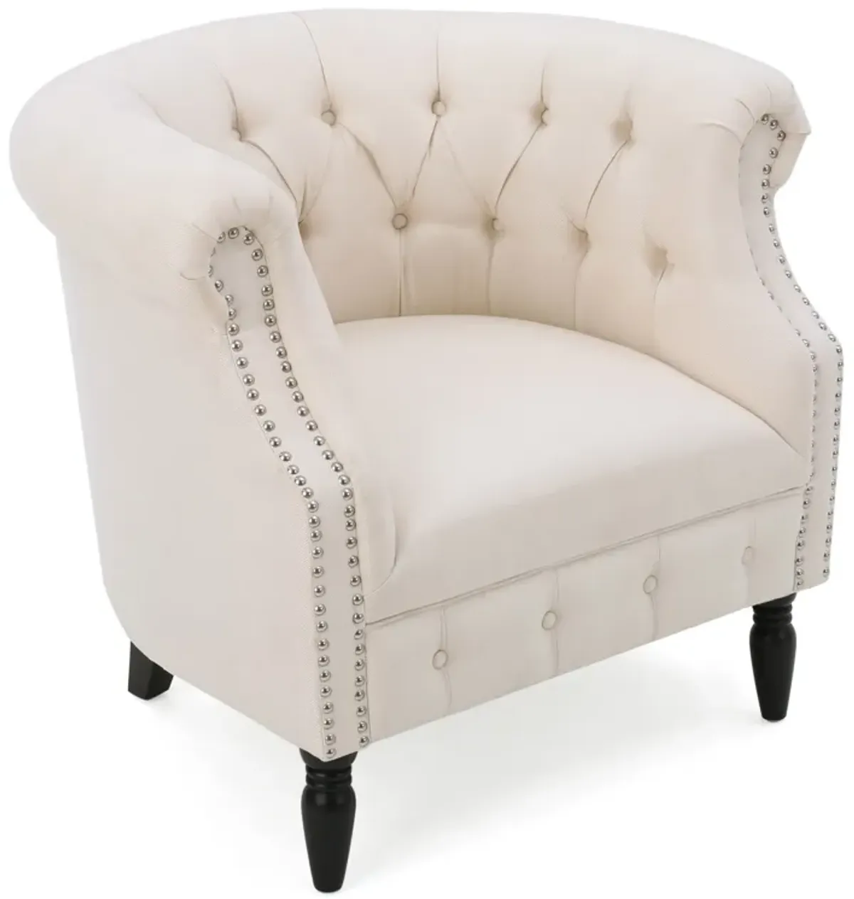 37 Inch Accent Club Chair, High Tufted Back, Studded Arms, Beige Fabric