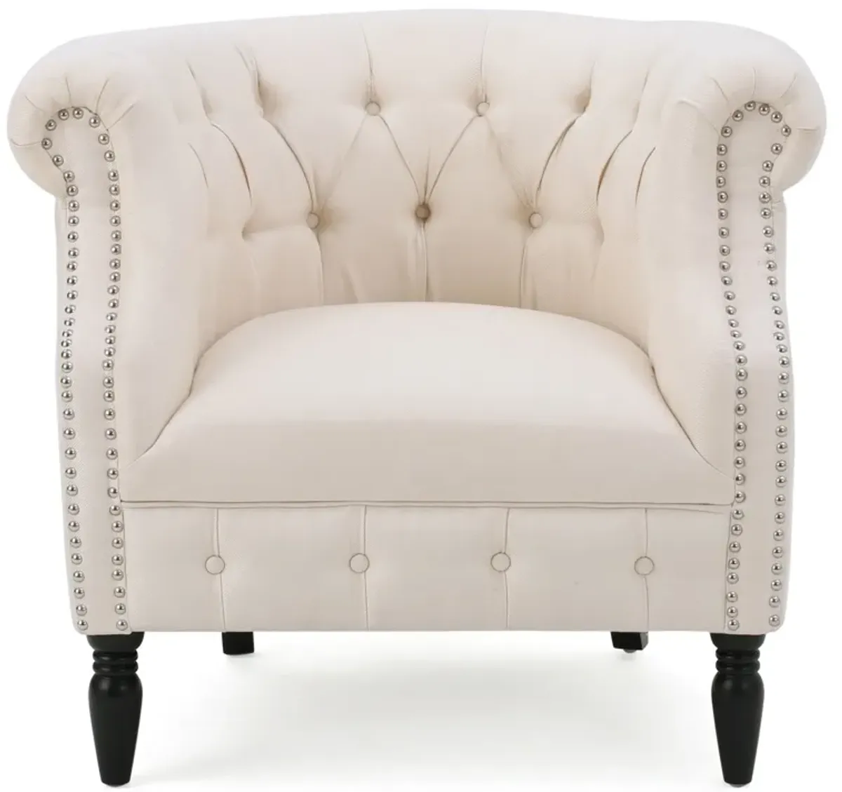 37 Inch Accent Club Chair, High Tufted Back, Studded Arms, Beige Fabric