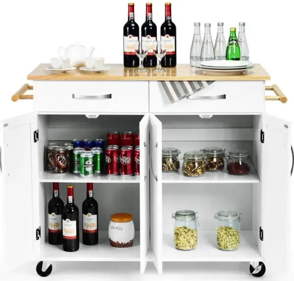 Hivvago White Kitchen Cart Island with Wood Top 2 Drawers and Bottom Storage Cabinet