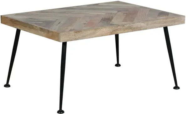 36 Inch Rectangular Mango Wood Coffee Table, Herringbone Design, Iron Legs, Brown, Black-Benzara