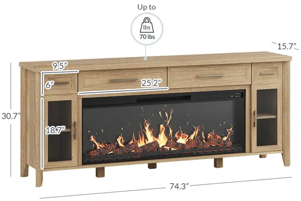 BELLEZE 74 Inch Rustic TV Stand with 48" Electric Fireplace, Extra Large Entertainment Center With?Storage?Cabinets?& 4 Drawers, Media?Console?Table For Living Room Bedroom (Camel)