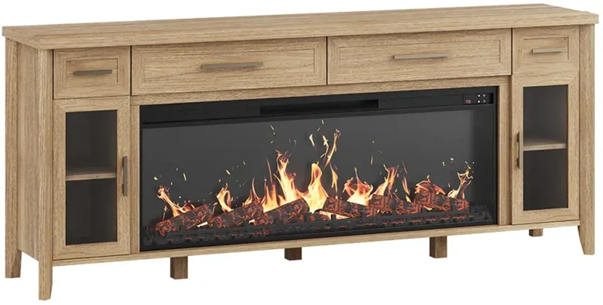 BELLEZE 74 Inch Rustic TV Stand with 48" Electric Fireplace, Extra Large Entertainment Center With?Storage?Cabinets?& 4 Drawers, Media?Console?Table For Living Room Bedroom (Camel)