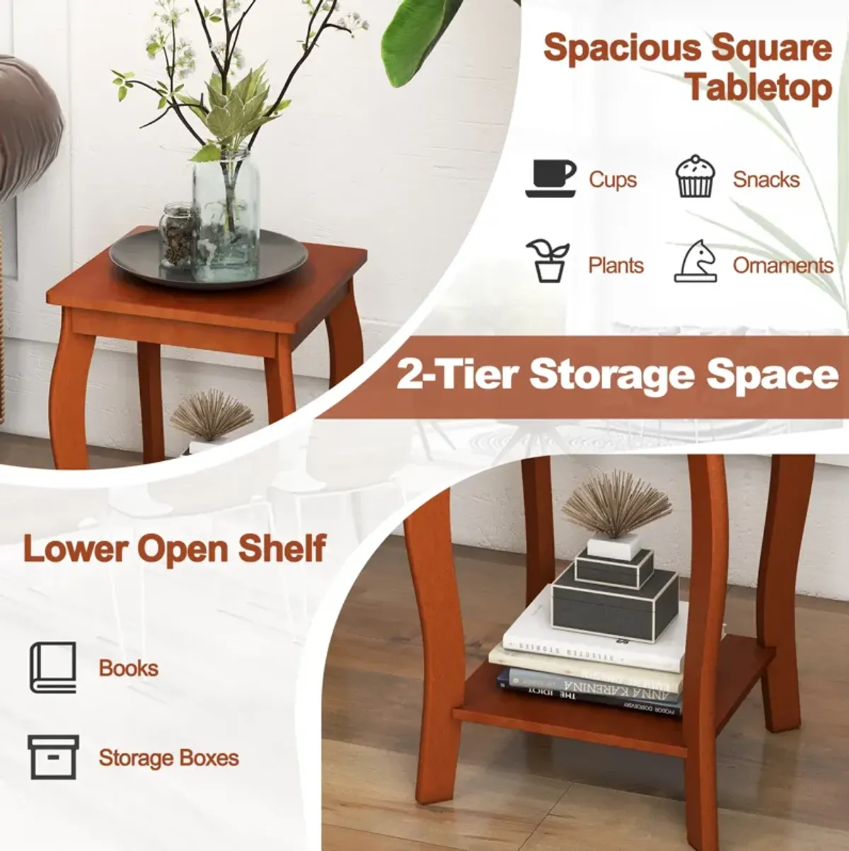 Set of 2 15 Inch 2-Tier Square End Table with Storage Shelf - Walnut