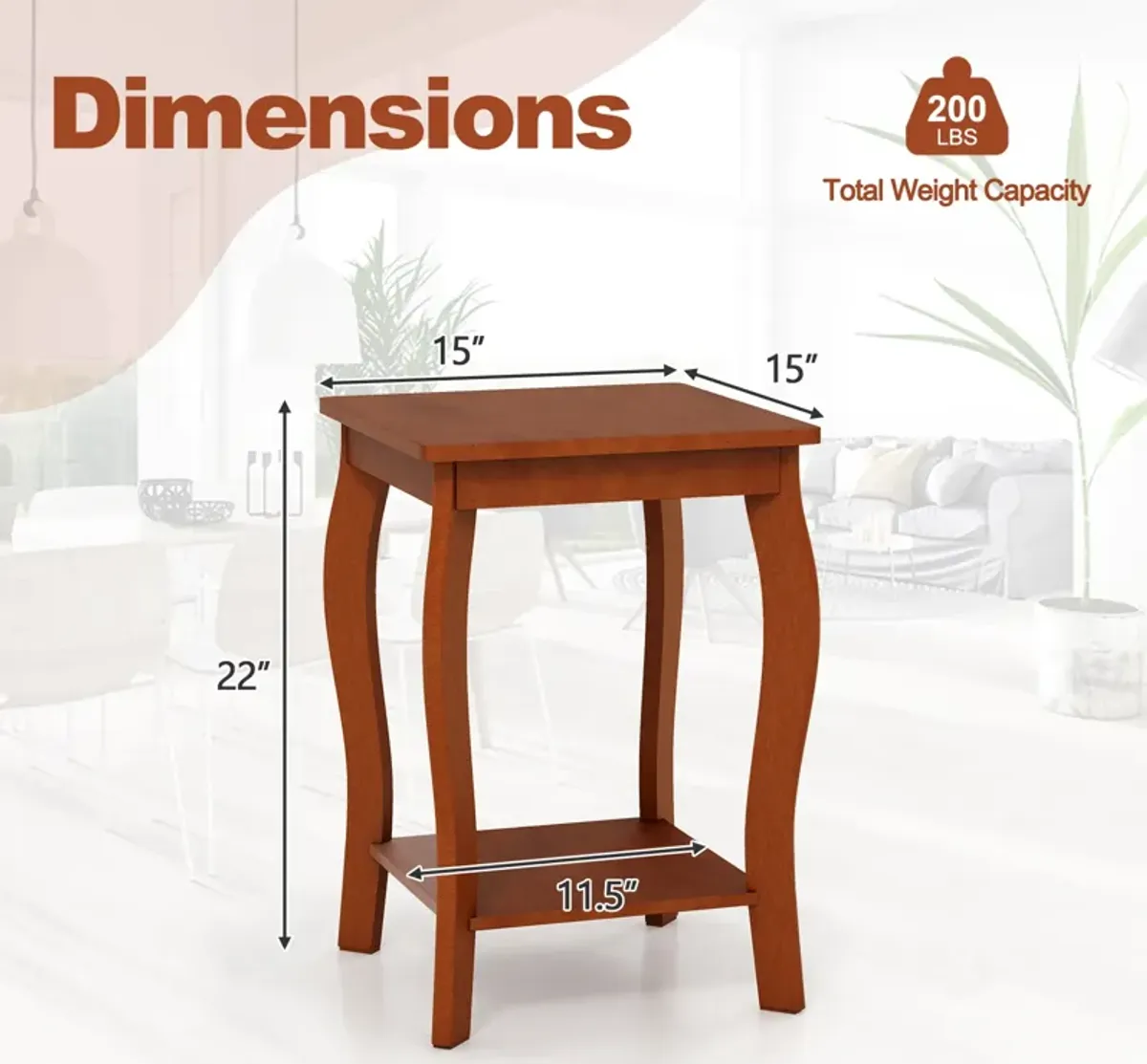 Set of 2 15 Inch 2-Tier Square End Table with Storage Shelf - Walnut