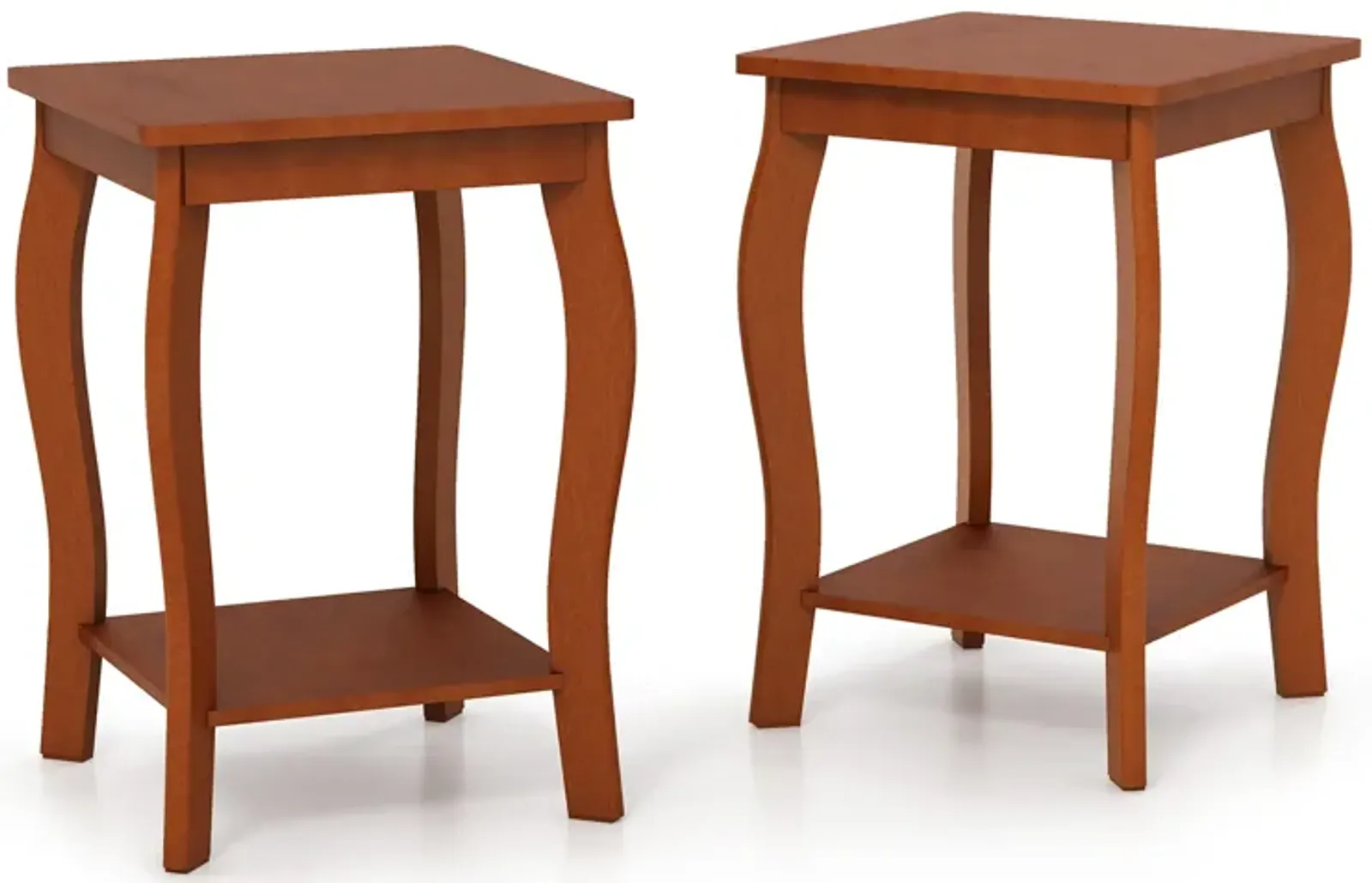 Set of 2 15 Inch 2-Tier Square End Table with Storage Shelf - Walnut