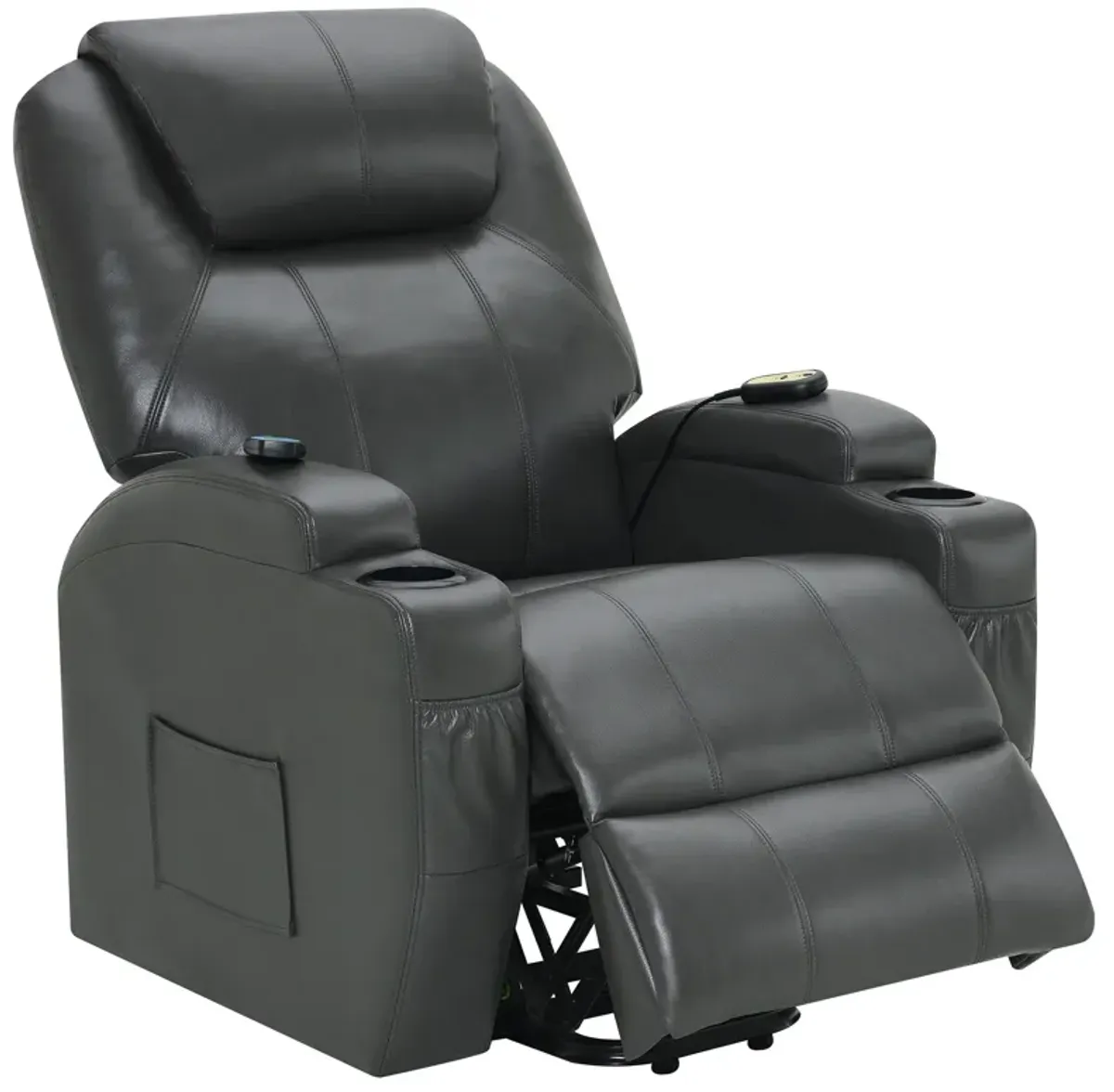 Sania Power Lift Recliner Chair, Gray Faux Leather, Cup Holders, Massage - Benzara