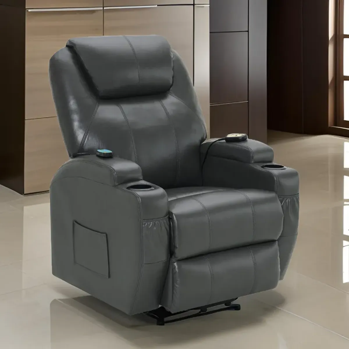 Sania Power Lift Recliner Chair, Gray Faux Leather, Cup Holders, Massage - Benzara