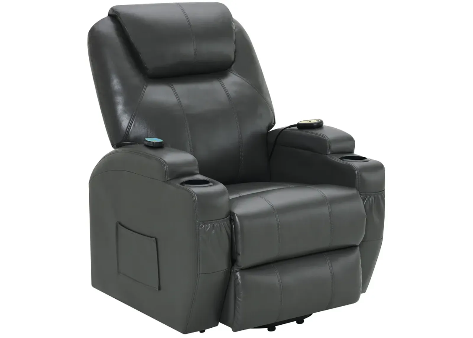 Sania Power Lift Recliner Chair, Gray Faux Leather, Cup Holders, Massage - Benzara