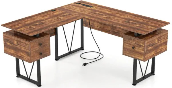 L-Shaped Computer Desk with Power Outlets and 3 Spacious Storage Drawers
